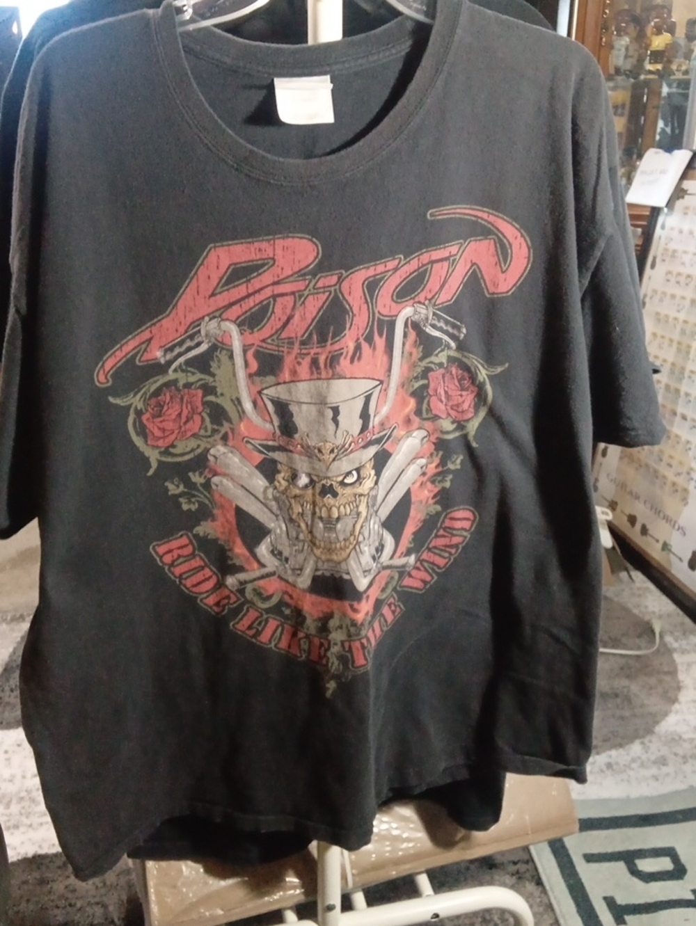 Poison Black Graphic Band Tee — Red & Cream Skull Design Ride Like The Wind